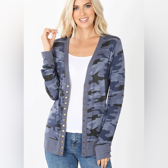 Zenana Womens Camouflage Print Snap Button Cardigan sz S - Picture 2 of 8